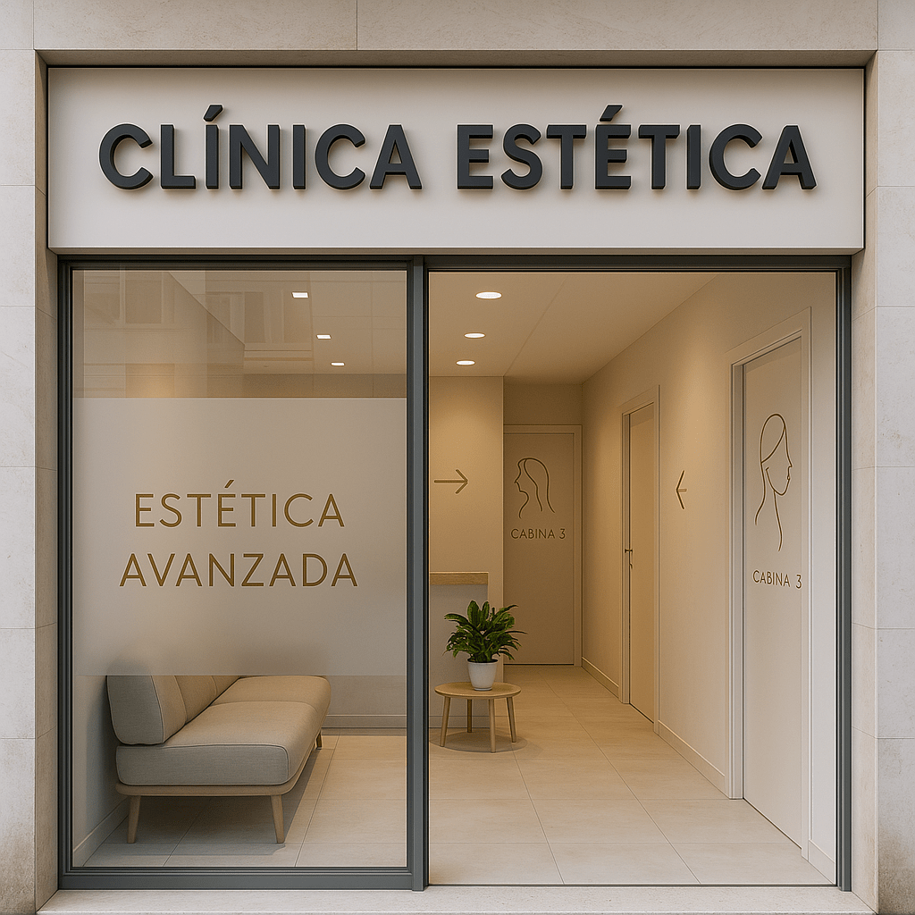 Fachada e interior de clínica de estética moderna con rótulo elegante y señalética minimalista.