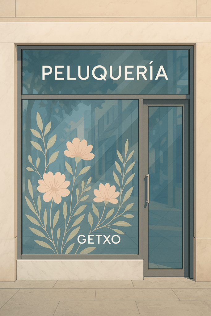 Escaparate de salón de peluquería en Getxo con vinilos florales decorativos, nombre en vinilo de corte y fondo acristalado