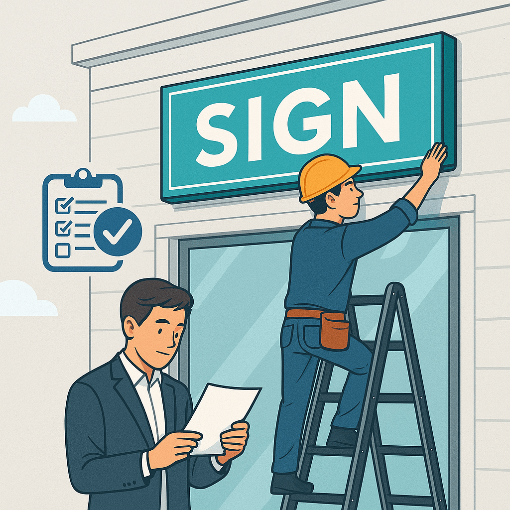 Dos técnicos revisando planos de instalación de un rótulo en la fachada de un local comercial