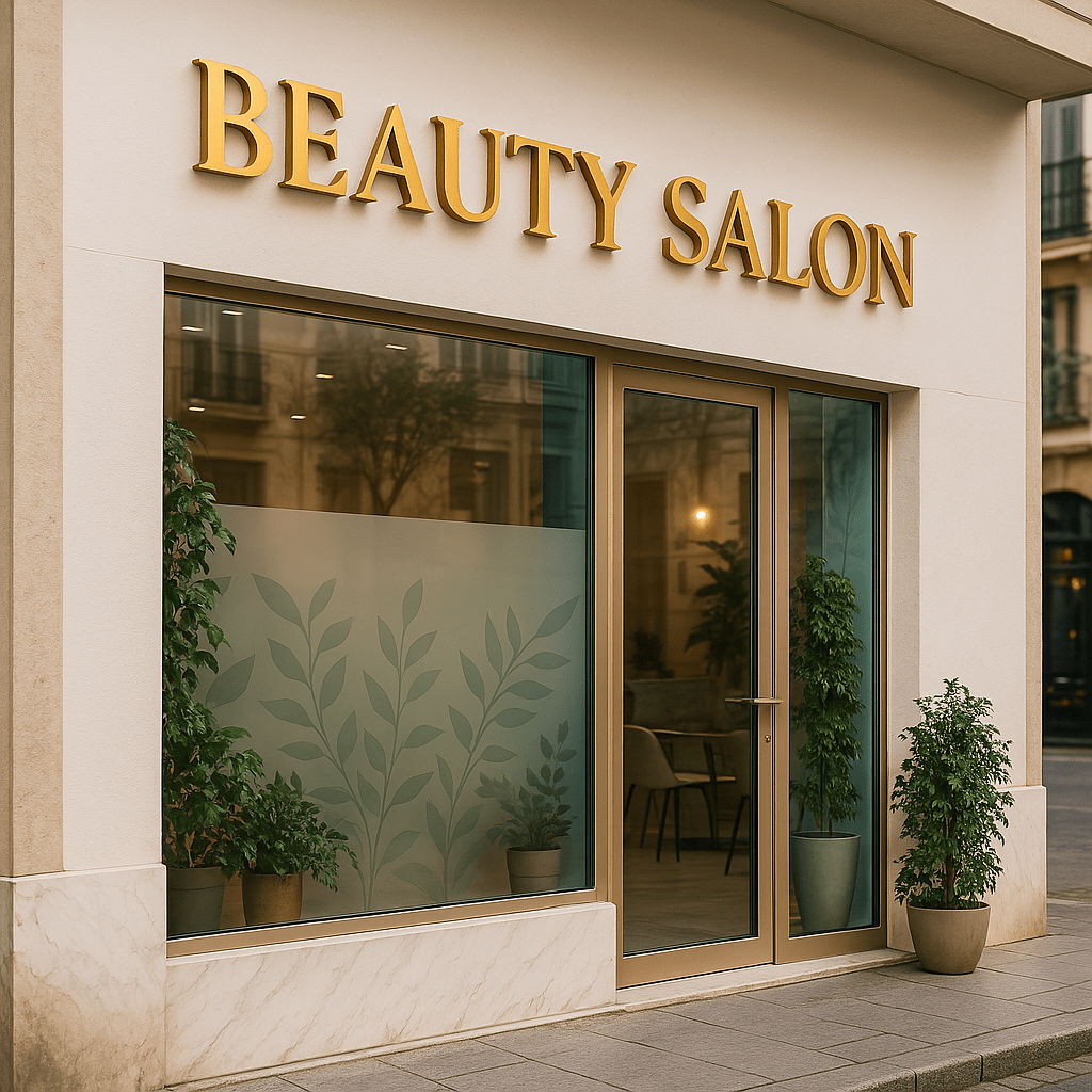 Fachada de salón de belleza moderno con rótulo dorado y vinilo decorativo en cristal.