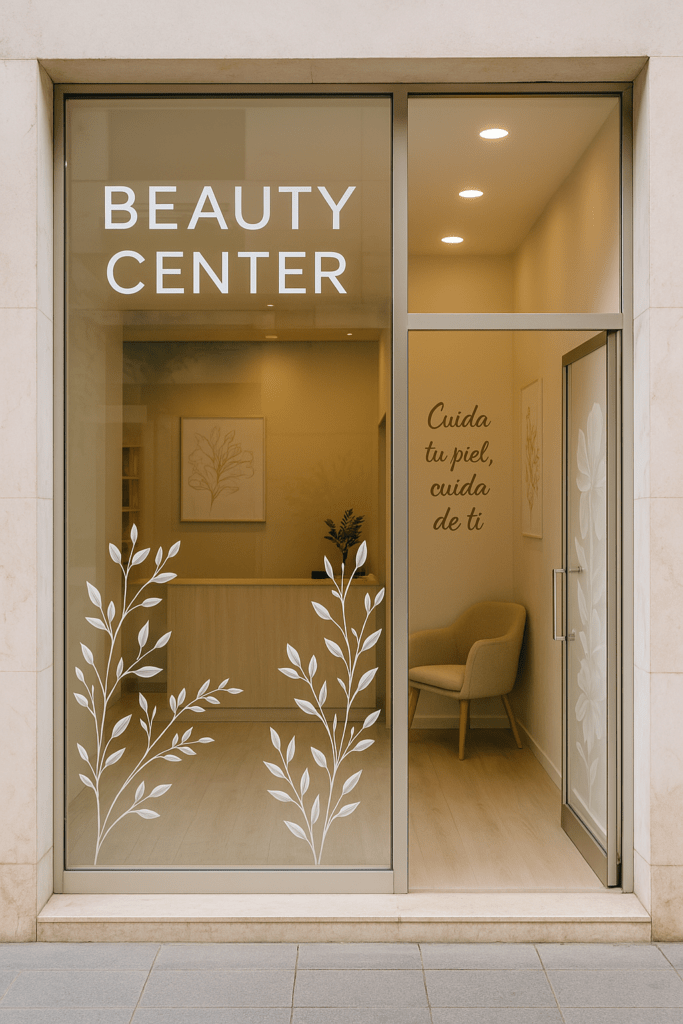 Fachada de centro de estética moderno con vinilo decorativo en cristal y elementos florales, ideal para escaparates en Bilbao y Bizkaia.