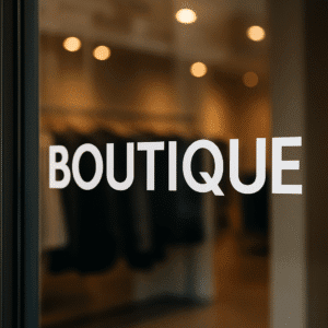 Primer plano de vinilo blanco con texto “BOUTIQUE” sobre cristal