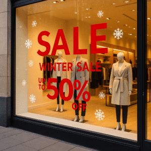 Vinilo de rebajas de invierno en escaparate de tienda de ropa