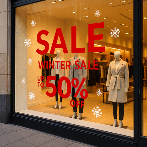 Vinilo de rebajas de invierno en escaparate de tienda de ropa