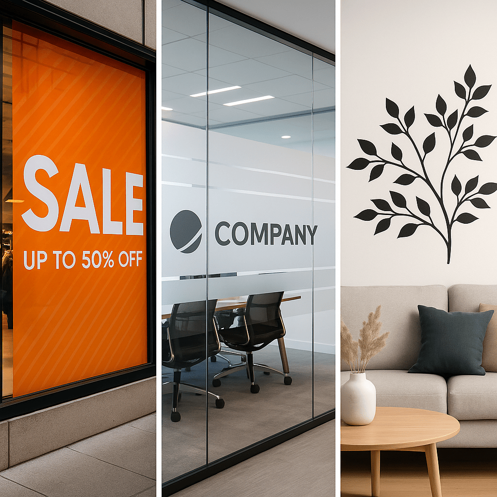 Vinilo decorativo en escaparate de tienda, oficina moderna y salón de casa