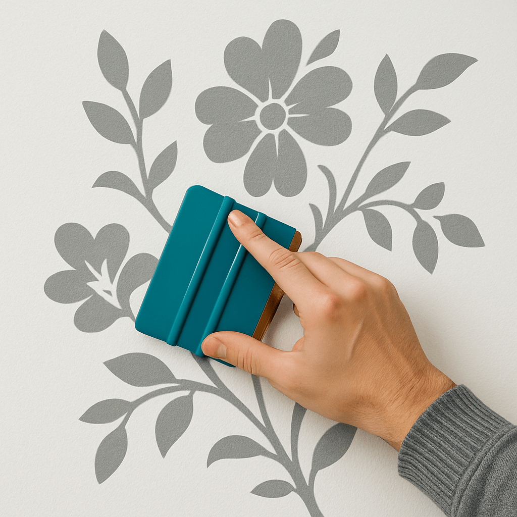 Mano aplicando vinilo floral decorativo sobre pared clara