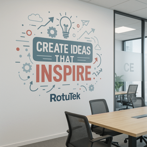 Mural con frase inspiradora “Create Ideas That Inspire” y logo RotuTek