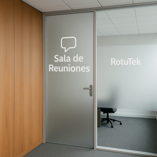 Puerta de oficina con vinilo “Sala de Reuniones” y logo RotuTek