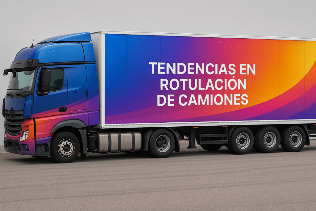 Camión con diseño de rotulación moderno en vinilo degradado sobre fondo urbano
