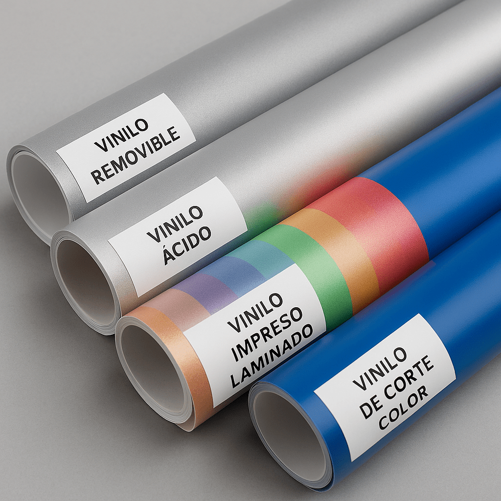 Cuatro rollos de vinilo decorativo etiquetados con sus tipos