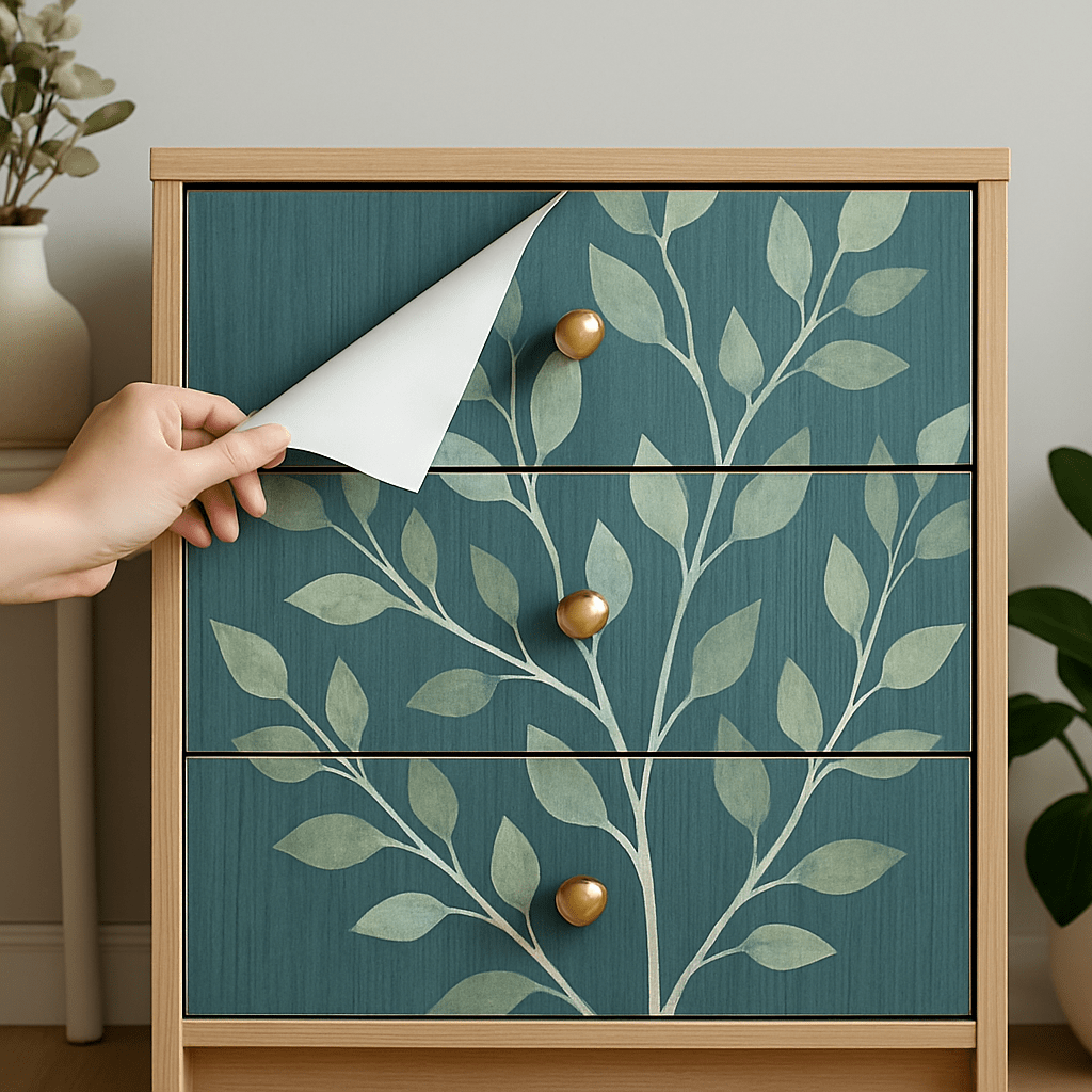 Vinilo adhesivo con diseño de hojas aplicado en cómoda de madera