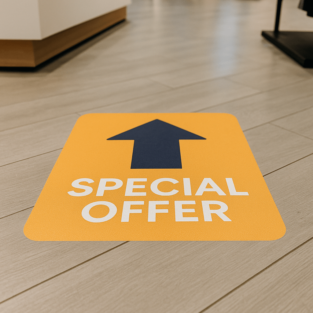 Vinilo impreso en el suelo con mensaje “SPECIAL OFFER”