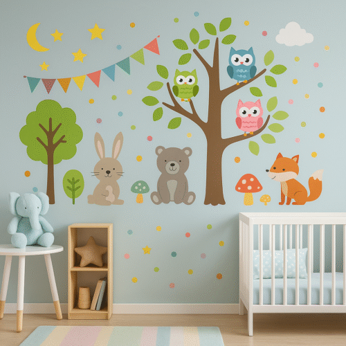 Vinilos de animales y estrellas en pared de cuarto infantil
